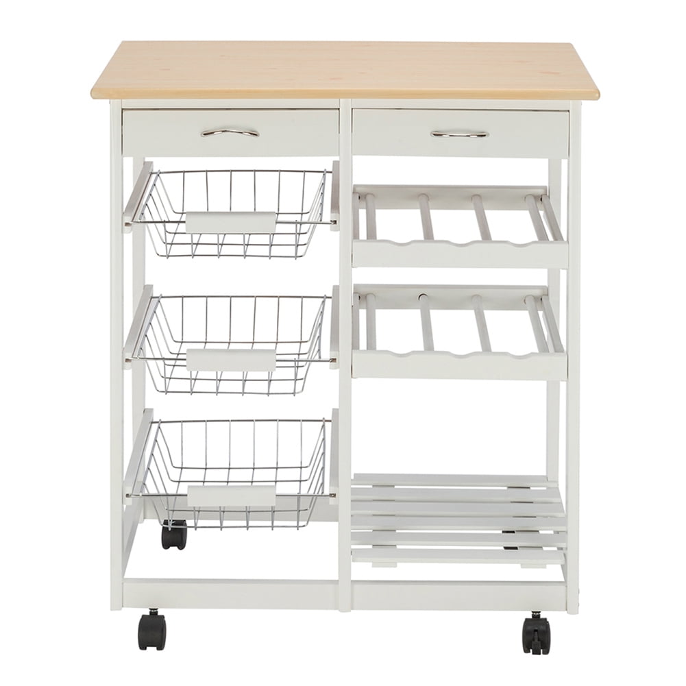 Kadyn Moveable Kitchen Cart, Kitchen Island Cart with Two Drawers & Two Wine Racks, Multifunctional Microwave Cart Bar Cart with hree Baskets, White Kadyn Moveable Kitchen Cart, Kitchen Island Cart with Two Drawers & Two Wine Racks, Multifunctional Microwave Cart Bar Cart with hree Baskets, White