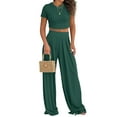 thumbnail image 2 of Liher Women Summer Tracksuit Set Plain 2 Piece Outfit Dark Green Short Sleeve Crop Tops Wide Leg Pants Set Clothes Size L, 2 of 4
