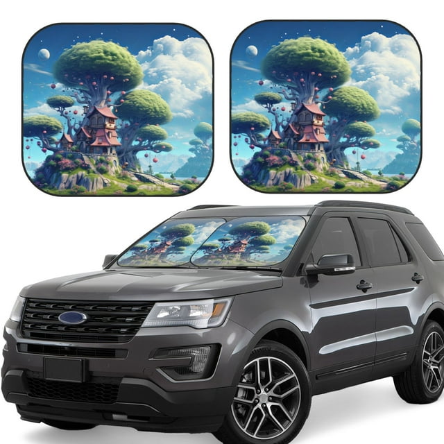 Saiise Fantasy Treehouse Planet Scene for Foldable Car Sun Shades (2-Pack) Offer Sun Protection with an Easy-fold Design for Convenient Windshield Shading-Large