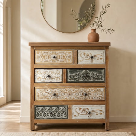 Atumcto Vintage 7-Drawer Accent Chest Rustic Multicolor Carved Wood Storage Dresser for Bedroom Living Room and Entryway Colorful