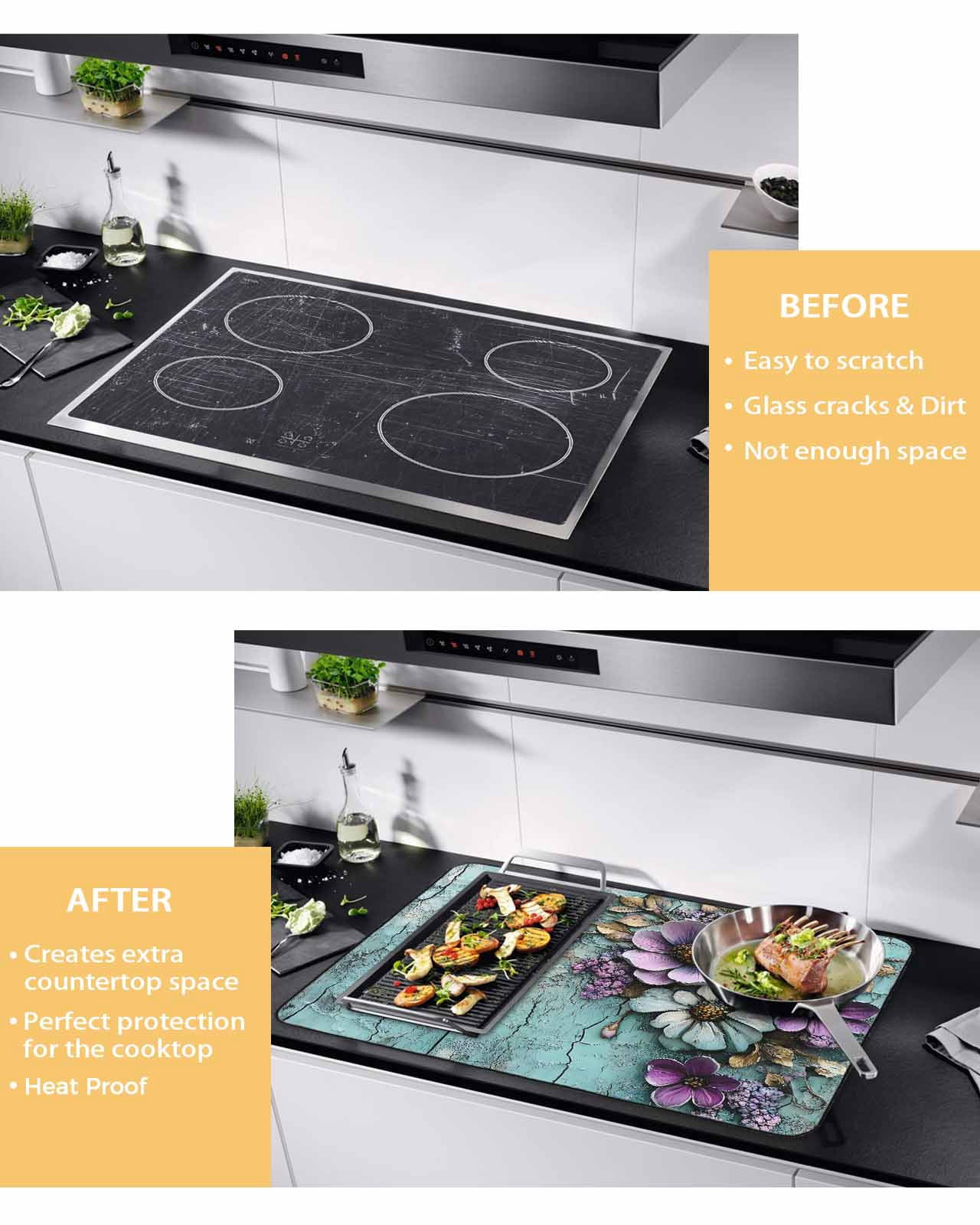 nqOlkjepod Large Induction Cooktop Protector Mat 36"x21", Retro Flower Stove Top Covers for Electric Stove, Blue Walls Mottled Vintage Country Farm Stove Burner Cover Mats, Glass Top Stove Cover