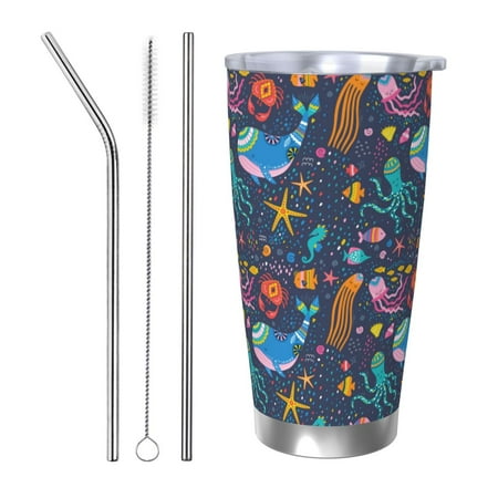 

Cauagu Marine Inhabitants Pattern 20oz Tumbler Stainless Steel Vacuum Insulated Tumbler with Lid Durable Insulated Coffee Mug Thermal Cup with Splash Proof Sliding Lid-Straw Three-piece Set