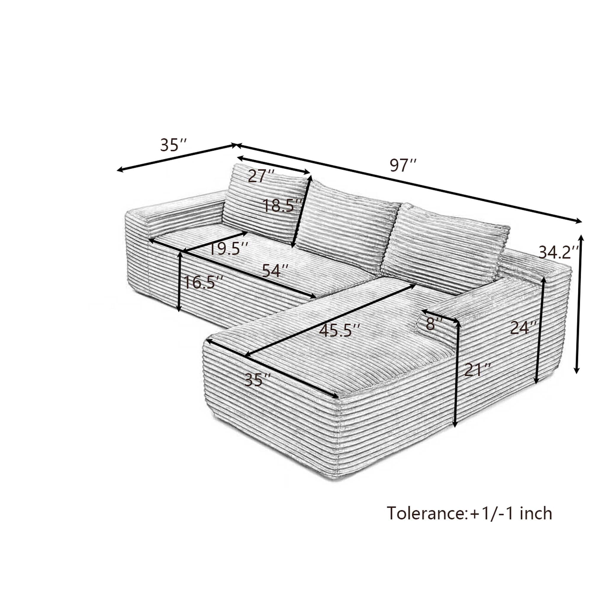 Miniyam Contemporary 97" Sectional Sofa, Deep Seat L-Shape + Chaise, Corduroy & No Assembly (Right Facing Chaise, Grey)