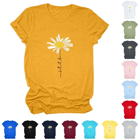 Trendfront Womens Daisy T-Shirt Flower Graphic Print Tee Crewneck Short Sleeve Summer Loose Fit Casual Pullover Daily Classic Tops