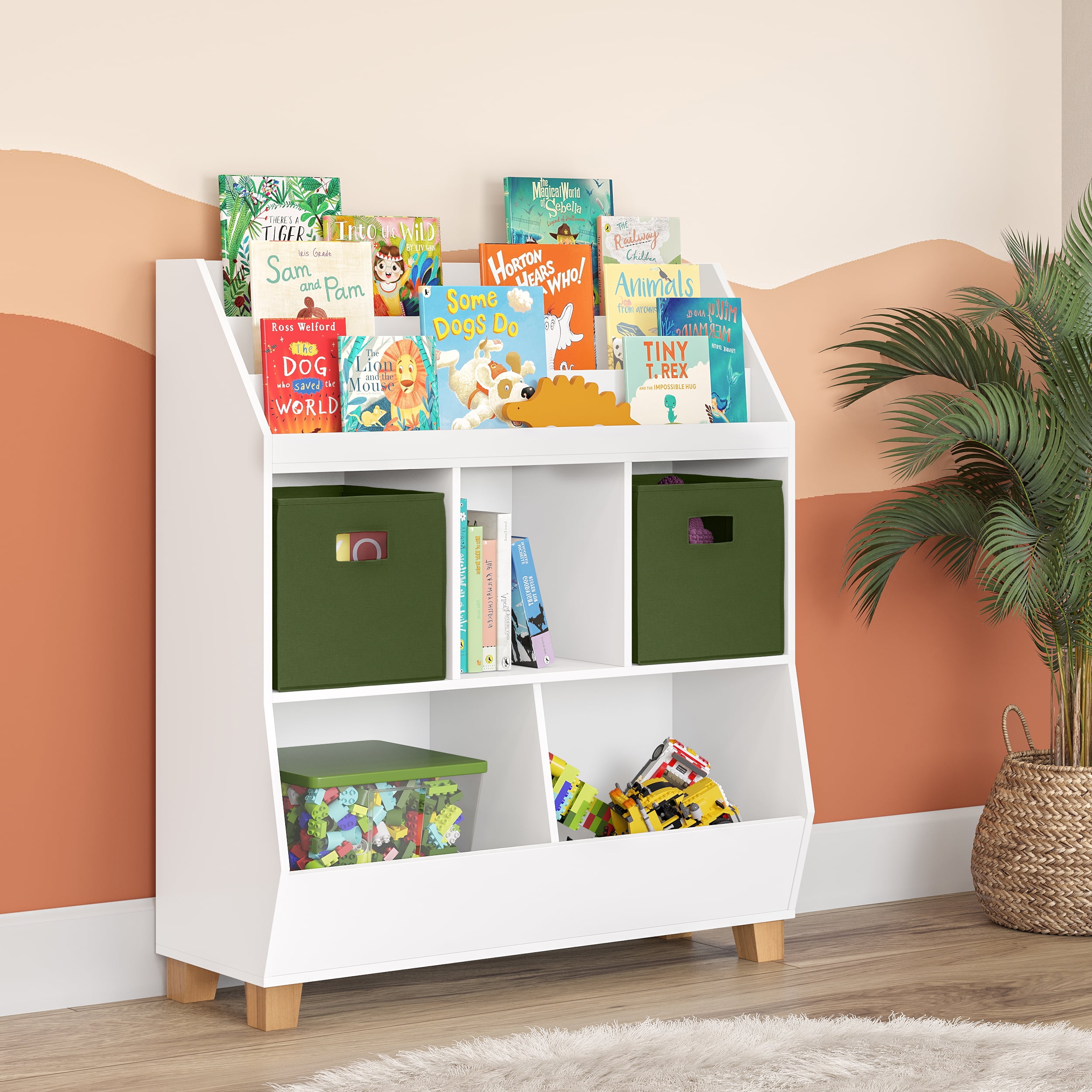 RiverRidge Kids Catch-All 35in Storage Organizer with Cubbies, Bins, and Bookracks - White