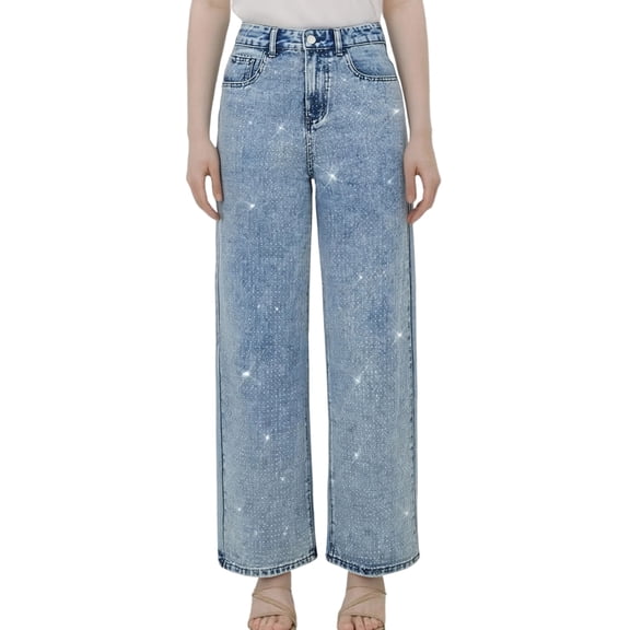 LWavelet Womens Rhinestone Decor Wide Leg Jeans High Waisted Daily Casual Denim Pants Sky Blue S
