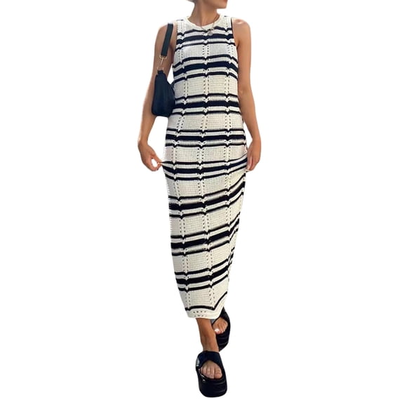 Douhoow Women's Knitted Bodycon Dress Casual O-Neck Sleeveless Striped Long Dresses