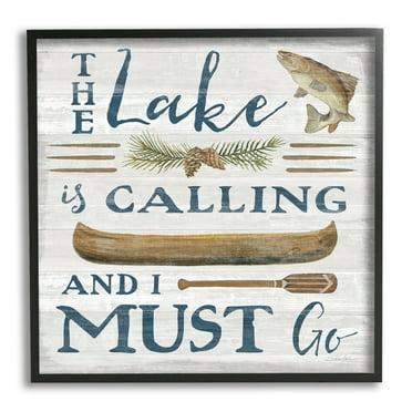 Stupell Industries Lake Is Calling Quote Pinecone Botanical Rustic Canoe Graphic Art Black Framed Art Print Wall Art, 12x12, by Silvia Vassileva