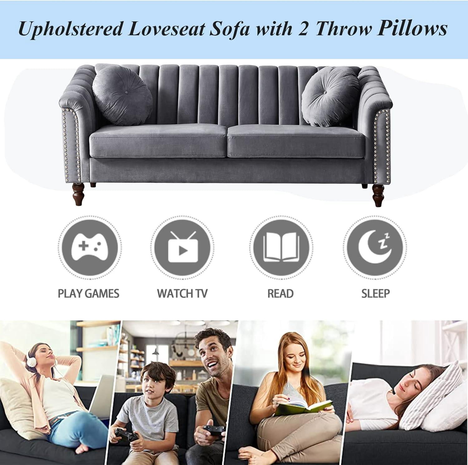 Gewnee Chesterfield Velvet Sofa Couch with Nailhead Trim and 2 Pillows for Living Room,Gray