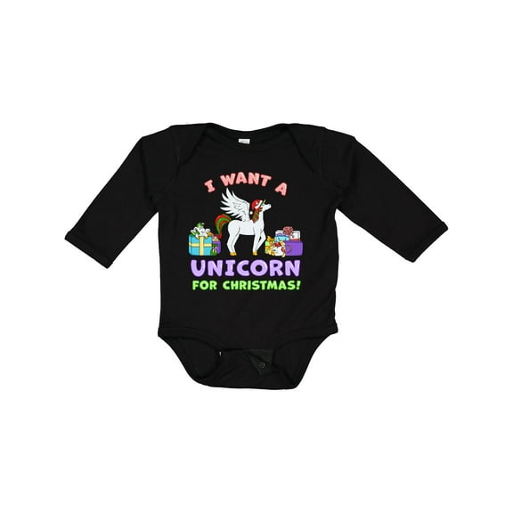Inktastic I Want a Unicorn for Christmas with Presents Boys or Girls Long Sleeve Baby Bodysuit