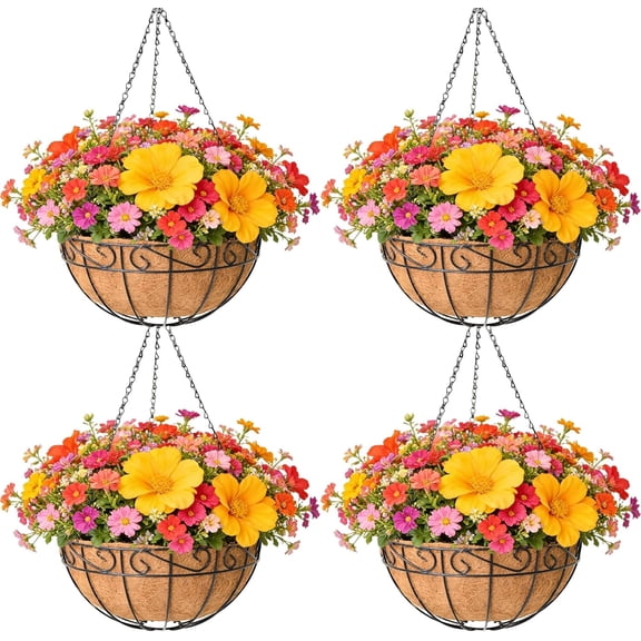 Xwl 4 Pack Hanging Planter for Outdoor Plants 14 inch Metal Hanging Flower Basket with Coco Coir Liner Round Wire Plant Holder Chain Flower Pots Outdoor Garden Decoration Watering Hanging Baskets(HB)