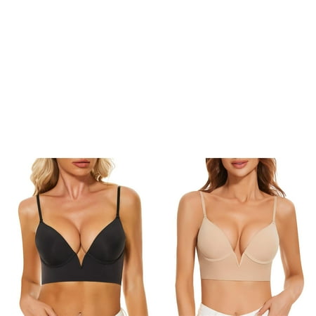 Wijhcboe 2 Pack French Womens Bras Comfortable Wide Band Deep V Low Cut Large Open Back U Shaped Beautiful Back Seamless Underwear Small Chest Gathered Anti Sagging Sexy Bra Without Steel Women s Sp