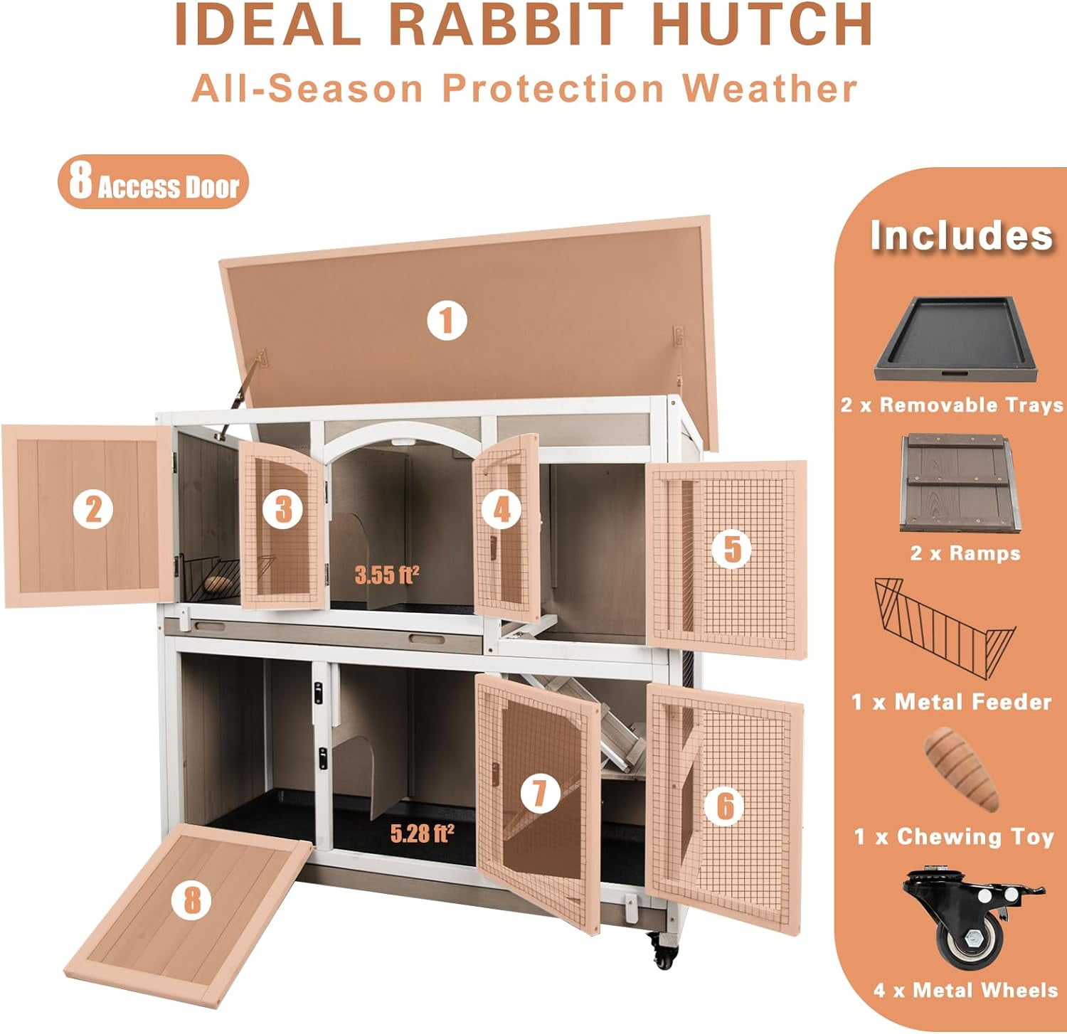 PETSCOSSET 47"L Rabbit Hutch Indoor Wooden 2 Story Rabbit Large Bunny Hutch Outdoor Bunny Cage on Wheels