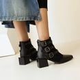 thumbnail image 1 of Ladies Chunky Heel Colorblock Belt Buckle Back Zipper Mid Heel Motorcycle Boots, 1 of 9