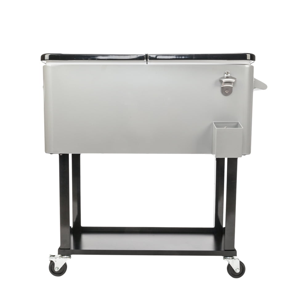 SYNGAR 80 Quart Rolling Cart on Wheels, Portable Ice Chest with Shelf, Bar Drink Cooler, Beverage Cooler with Bottle Opener and Drain Plug, for Party Patio Poolside Camping, Silver, D7208