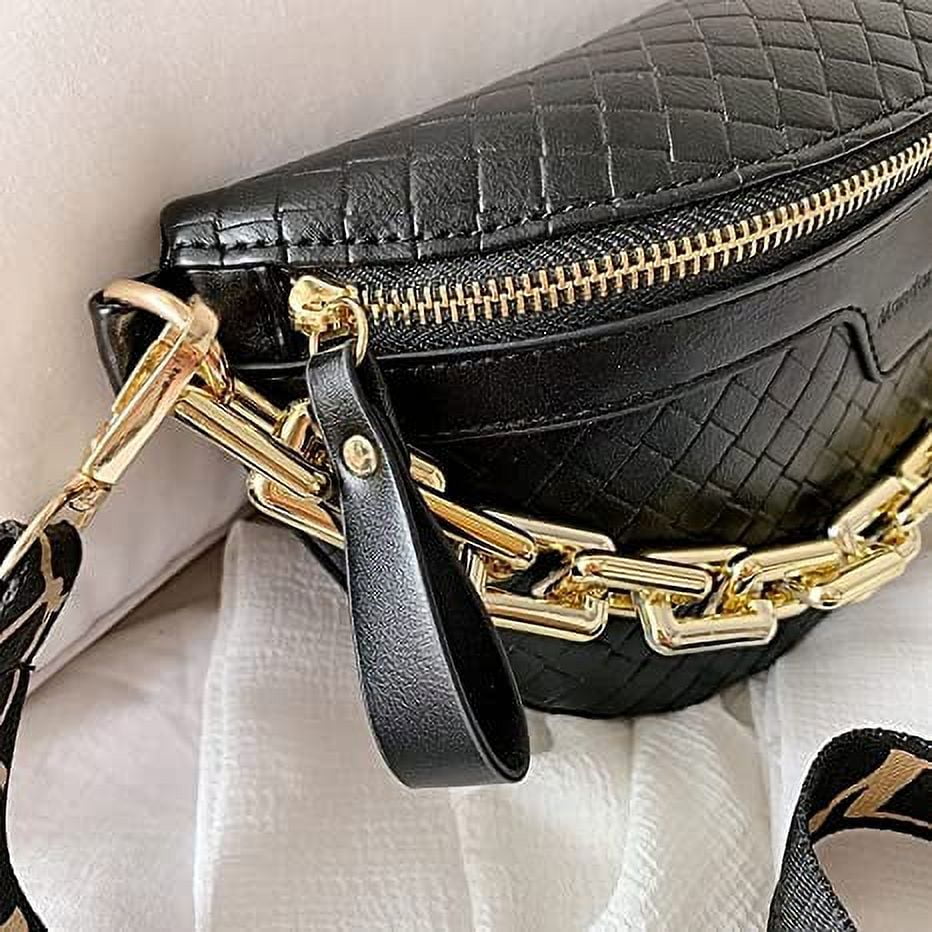 Ho-Lala Thick Chain Women's Fanny Pack Plaid Leather Waist Bag Shoulder Crossbody Chest Bags Luxury Designer Handbags Female Belt Bag (Beige)