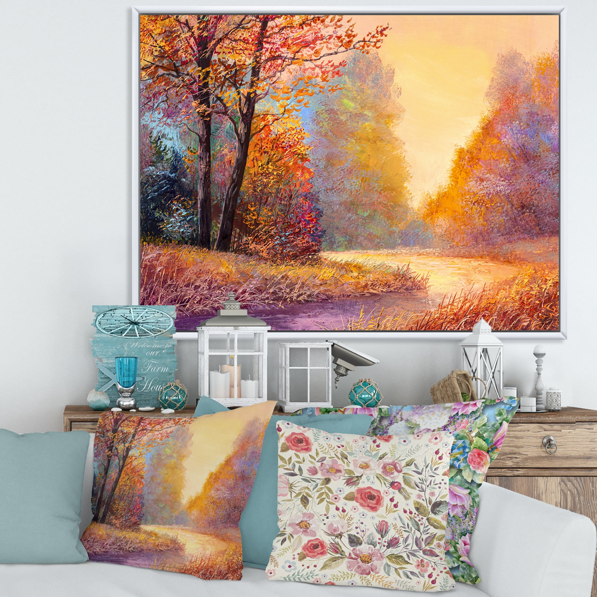 The Autumn Forest Orange Leaves Landscape With Path 32 in x 16 in Framed Painting Canvas Art Print, by Designart