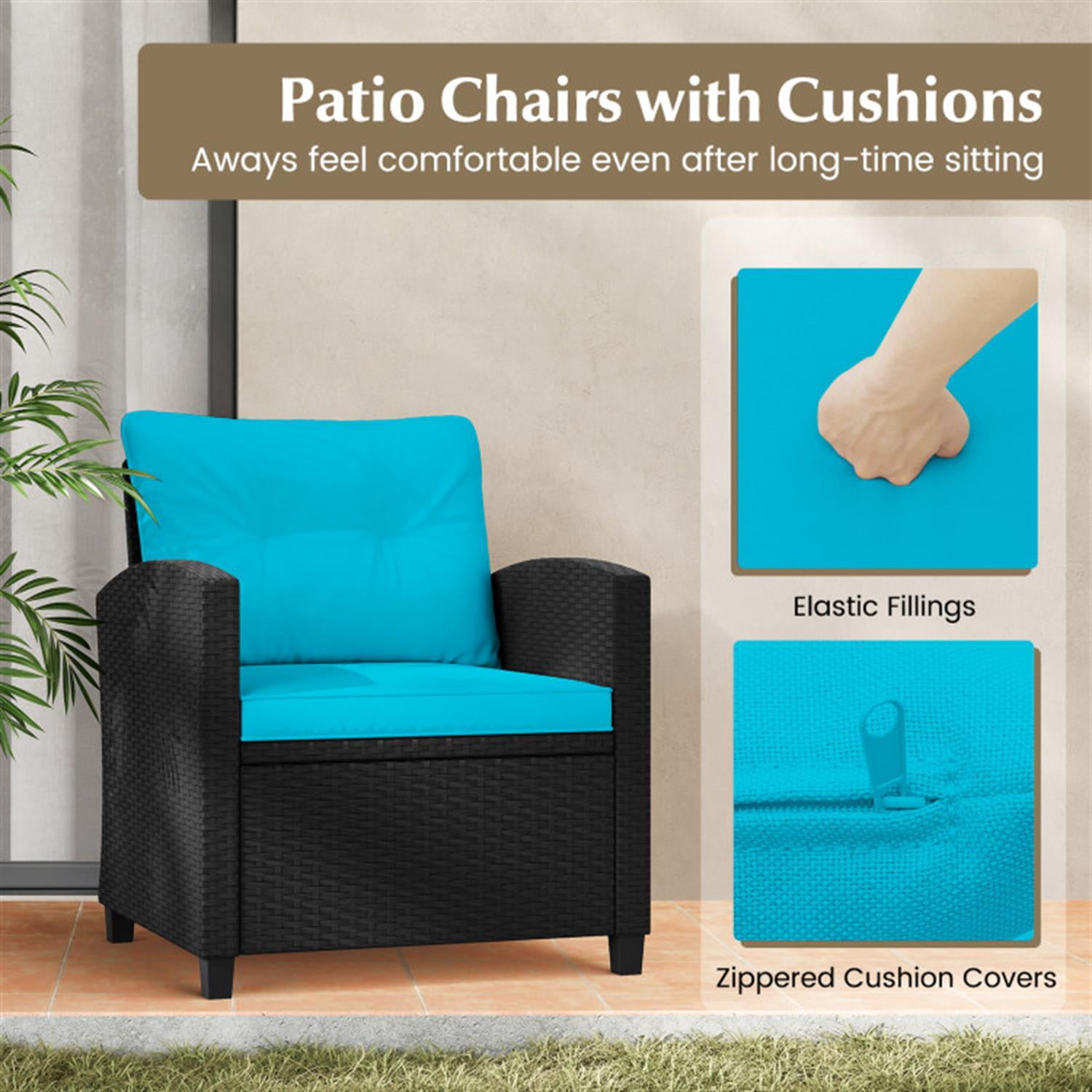 Demi Bonn 3 Pieces Rattan Patio Furniture Set with Washable Cushion, Conversation Armchairs for Garden Poolside Balcony, Turquoise