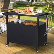 Weatherproof Rolling Outdoor Grill Cart Table with Lockable Wheels & Storage Cabinet, Heavy‑Duty Mobile BBQ Prep Workstation, Multi‑Purpose Pizza Oven Stand for Backyard, Patio, Outdoor Kitchen