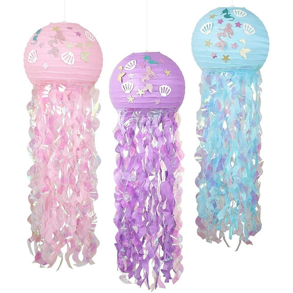 RECUTMS Mermaid Hanging Jellyfish Paper Lanterns Kit 3 Colors for Ocean Theme Party Decoration