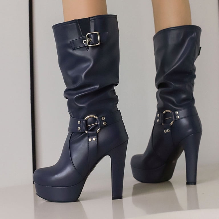 ladies wide calf leather dress boots SHUZIA Rushed Faux Knee High Block Heel For Christmas with its slight slouching effect Wide Calf Dress Boots for