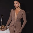 thumbnail image 4 of Vestido largo UEHCNFU para mujer, cuello en V profundo, ajustado fruncido, caqui, 4 of 6