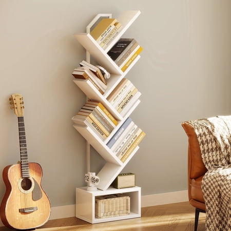 6-Tier Tree Bookshelf for Corner & Small Space Narrow Steel & Wood Bookcase, Tall Floor Standing Book Organizer Shelf with Storage Cabinet, Home Decor for Living Room, Bedroom, White