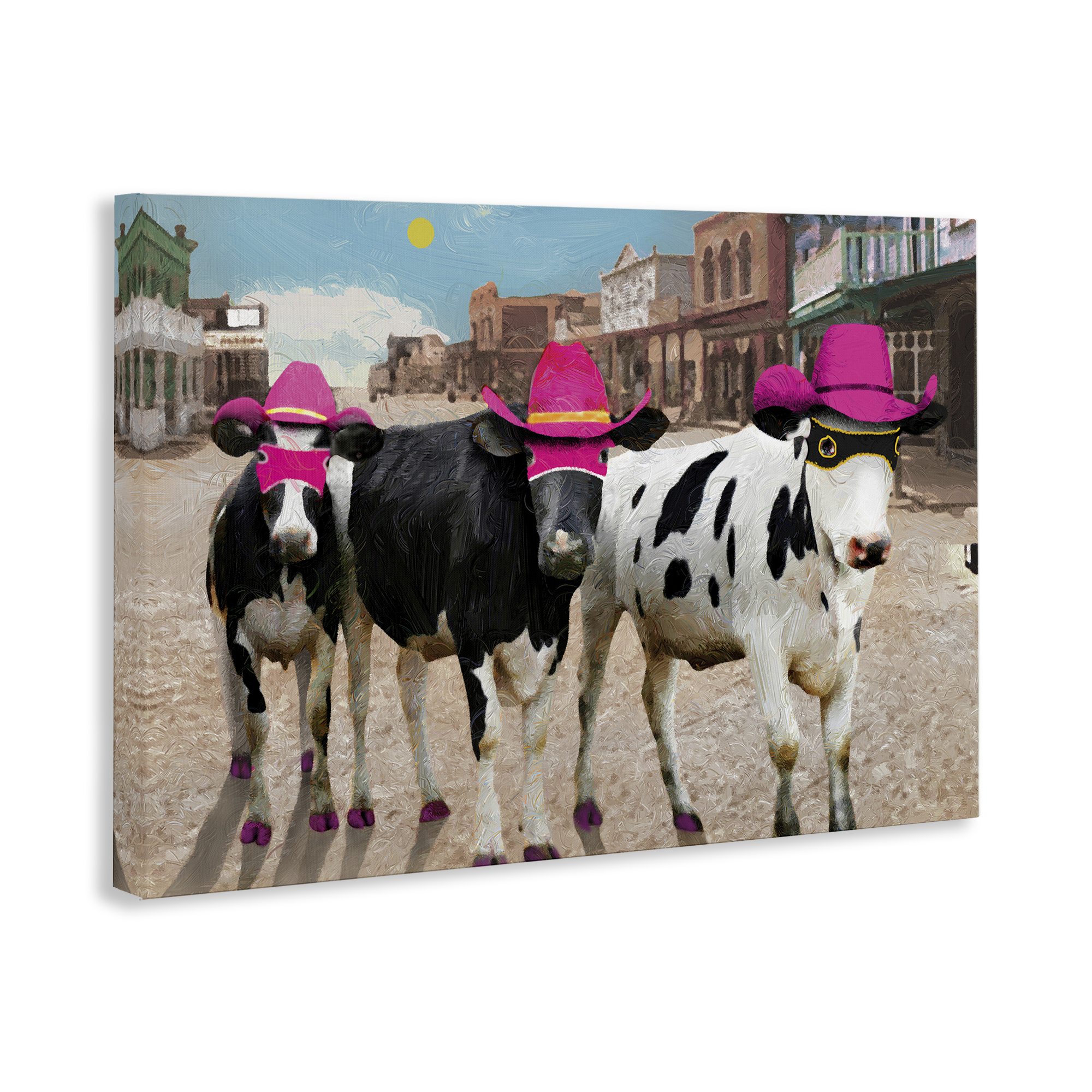 Stupell Industries Superhero Cows in Town Scenery Painting Gallery Wrapped Canvas Art Print Wall Art, 24 x 16