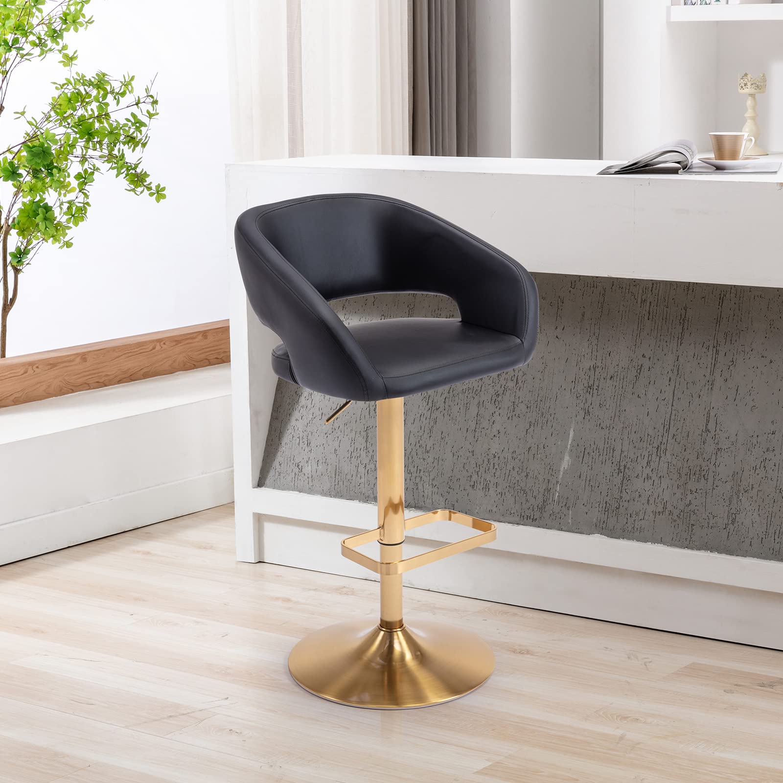 PU Leather Bar Stools, Adjustable Height 24."-32.25, Swivel Barstools with Back & Footrest, Upholstered Bar Chairs for Kitchen Island, Dining Room, Home Bar (Black, Gold Base)