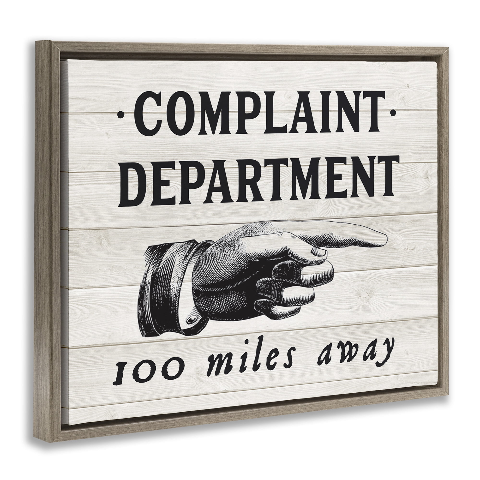 Stupell Industries Complaint Department 100 Miles Away Typography Painting Brown Floater Framed Canvas Art Print Wall Art, 31 x 25
