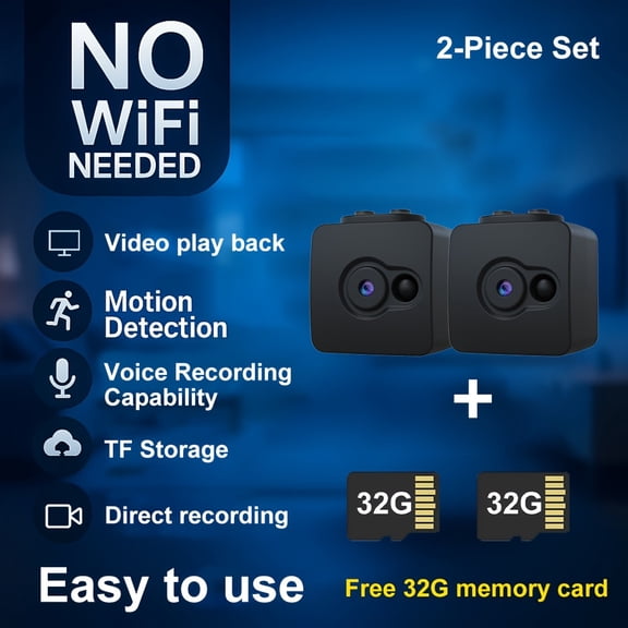 2PCS Portable Recording Camera, No WiFi Required, Supports 32GB SD Card & Loop Recording, Rechargeable Plug-and-Play Cam for Home, Baby, Pet & Office Monitoring, Halloween Gift