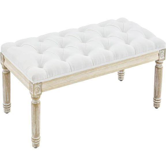 31.5" French Vintage Bench, Linen Fabric Entryway Bench, Upholstered Tufted End of Bed Bench with Brushed Wood Legs, White