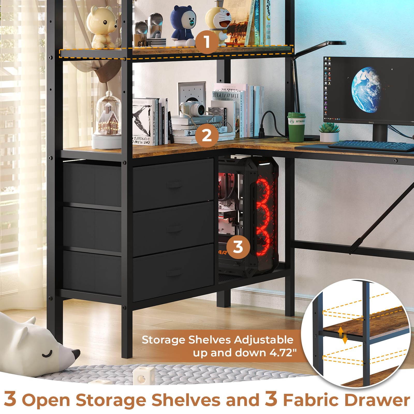 Twin Metal Loft Bed Frame with L-Shaped Desk&LED Lights&Charging Station, Black LED Loft Bed with 3 Storage Shelves&Drawers, Safety Guard & Stairs