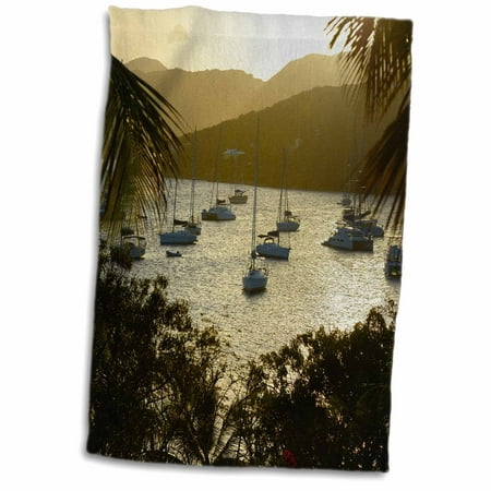3dRose Caribbean, BVI, Marina Cay. Catamarans and sailboats at sunset. - Towel, 15 by