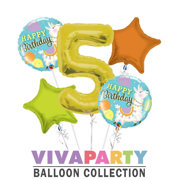 Happy Birthday Llama Round Balloon Bouquet 5 pc, 5th Birthday, Gold Number 5 Jumbo Balloon | Viva Party Balloon Collection