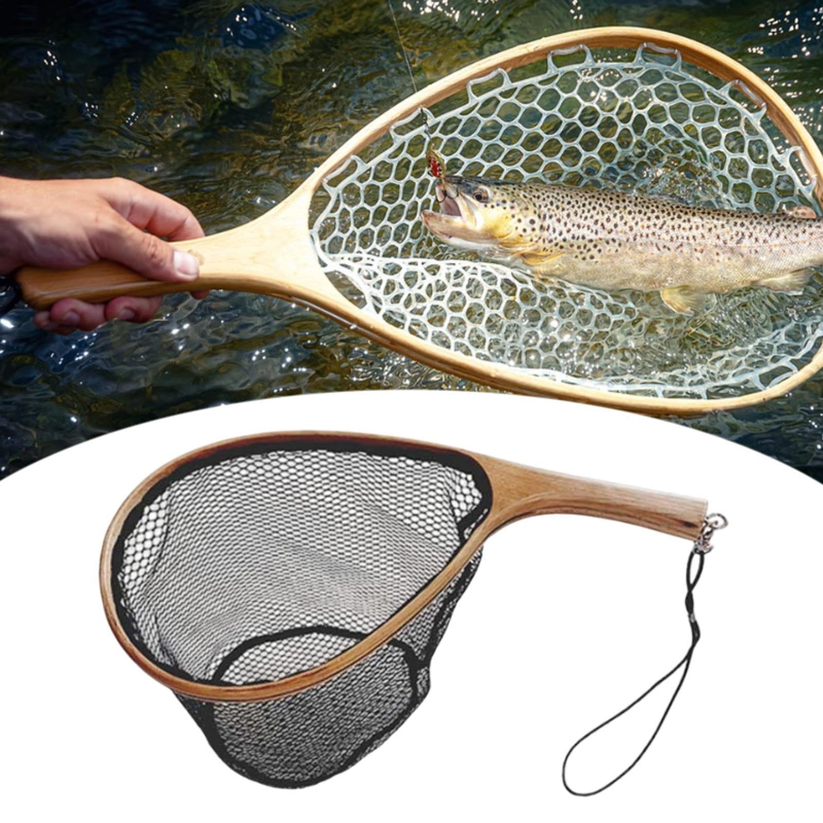 Wswqop Boating Fishing Net Silicone Mesh Accessories Strong Wood Handle Landing Net for 45cmx22cmx25cm