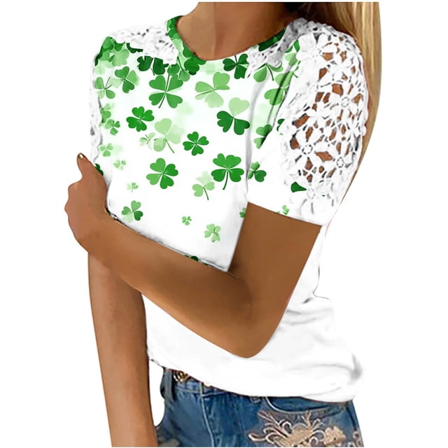 Camisas de Manga Corta para las Mujeres Impresión Cuello Redondo Suéter Encaje Blusa, Top Casual para el Hogar Y Diario