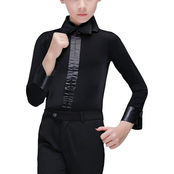 iixpin Kids Boys Latin Ballroom Dance Leotard Shirt Long Sleeve Bodysuit with Bow Tie Modern Salsa Tango Dancwear Black 150