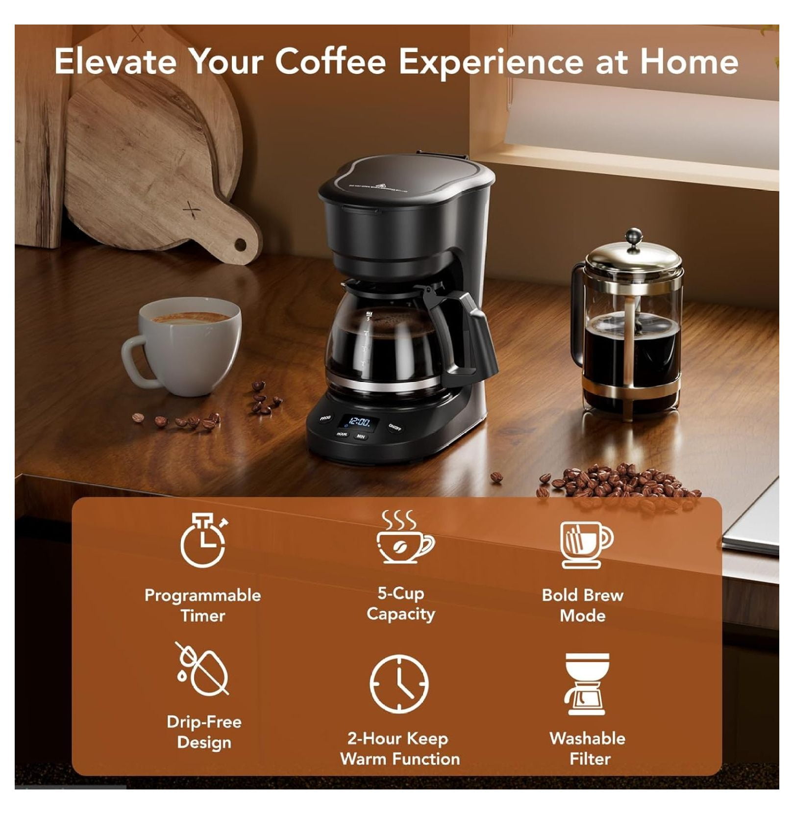 Compact Coffee Maker 5 Cup, Drip Coffee Machine with Timer, Auto Shut Off, Pause & Brew, Reusable Filter, Black