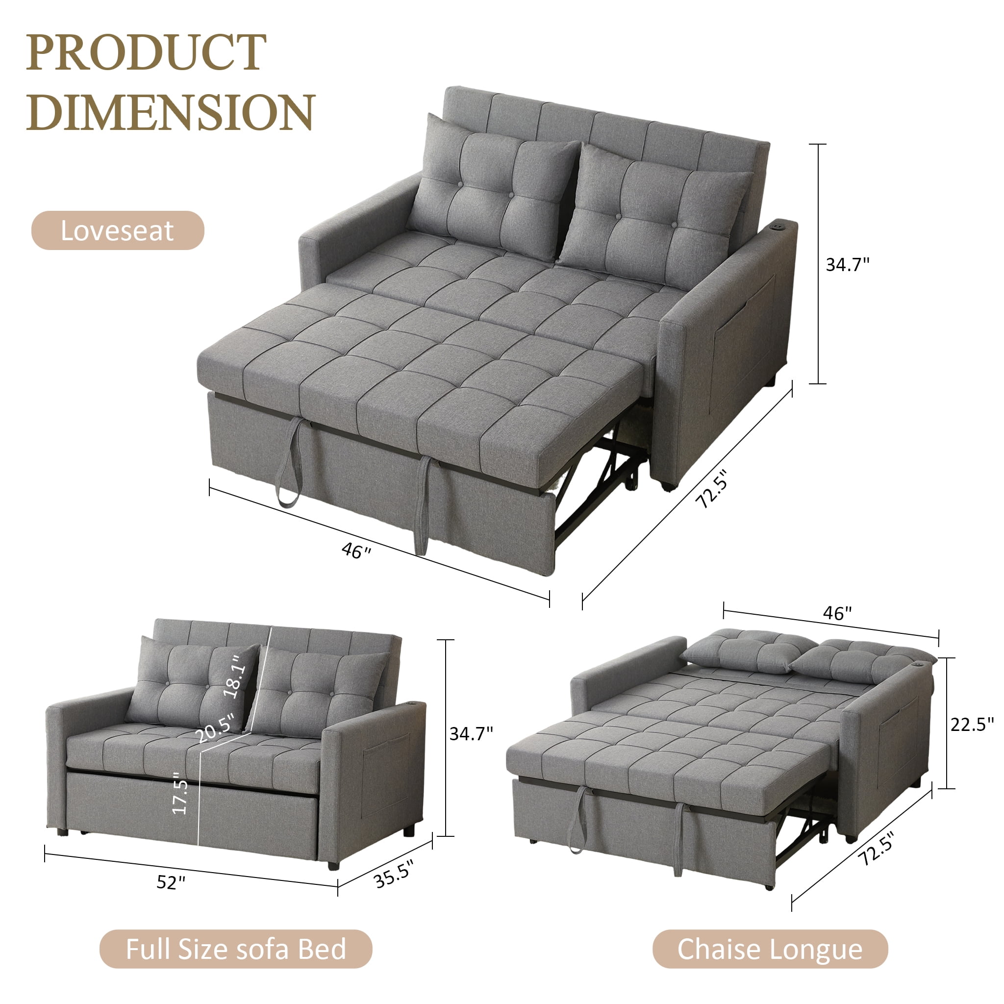 LAKPS 52" Linen 3-in-1 Convertible Sleeper Sofa with Pull-Out Bed, Stepless Adjustable Backrest & Side Pocket - for Family, Living Room, Dorm, Apartment, Linen, Light Grey