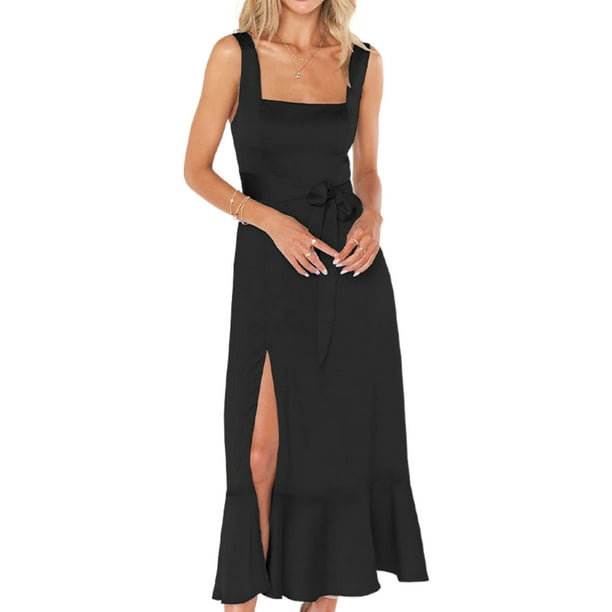 LUXUR Women Maxi Dresses Sleeveless Summer Beach Sundress Square Neck Long  Dress Sexy Solid Color Black XL