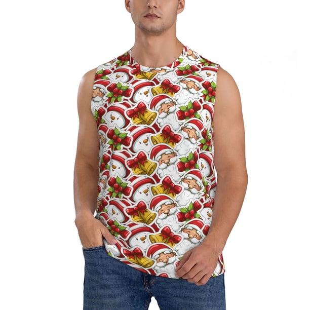 Fotbe Santa Claus bells Snowman Men's Camiseta sin Mangas Estampada para Hombres, Playera Casual para Gimnasio, Entrenamiento, Playa-Medium