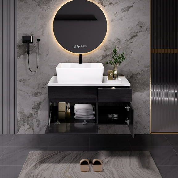 31.5" Modern Bathroom Vanities with Ceramic Sink,Floating Bathroom Vanity,Wall Mounted Storage Cabinet with 2 Drawers and 2 Storage Spaces,Bathroom Sink Cabinet with Metal Handles (Black)