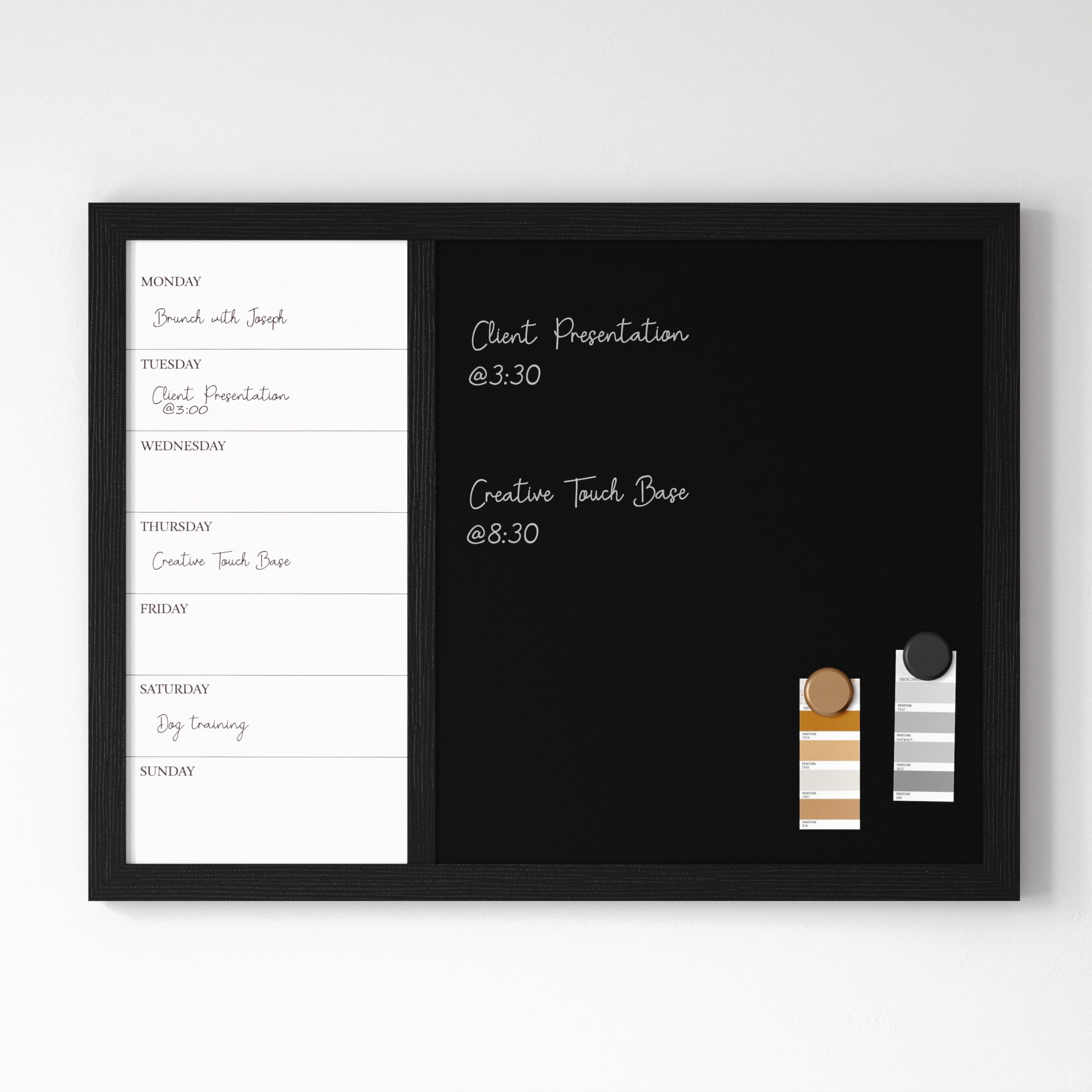 Martha Stewart Everette 24"x18" Magnetic Weekly Calendar Dry Erase Board and Chalk Board with Liquid Chalk Marker and Magnets, Black Woodgrain Frame