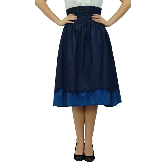 Bimba High Waist Denim Skirt Smocked Waist A-line Skirts with Washed Effect