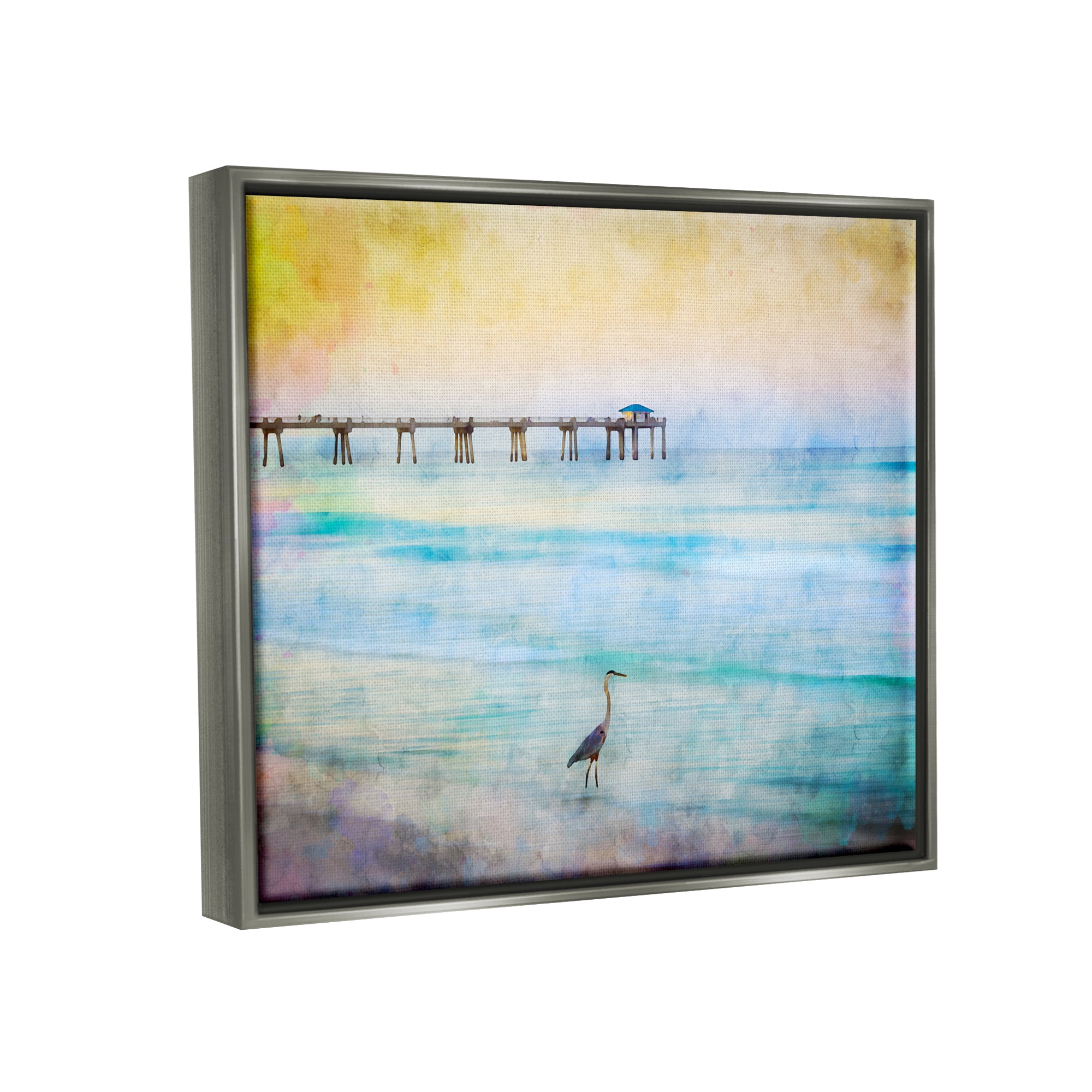 Stupell Industries Abstract Heron on Shore Animals & Insects Painting Gray Floater Framed Canvas Art Print Wall Art, 21 x 17
