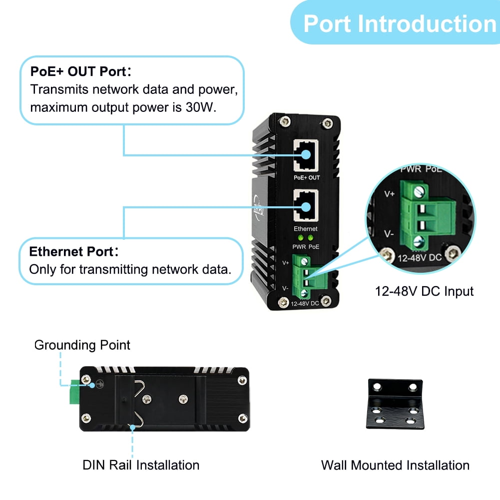 Industrial 30W Gigabit PoE Injector IEEE 802.3at Adapter 12-48V DC Input DIN Rail Mount
