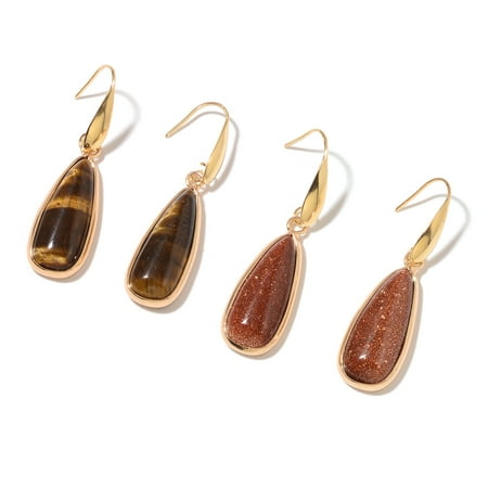Tiger Tigers Eye Earrings - Stainless Steel Pear Tigers Eye Gold Sandstone Set of 2 Dangle Drop Earrings Jewelry for Women