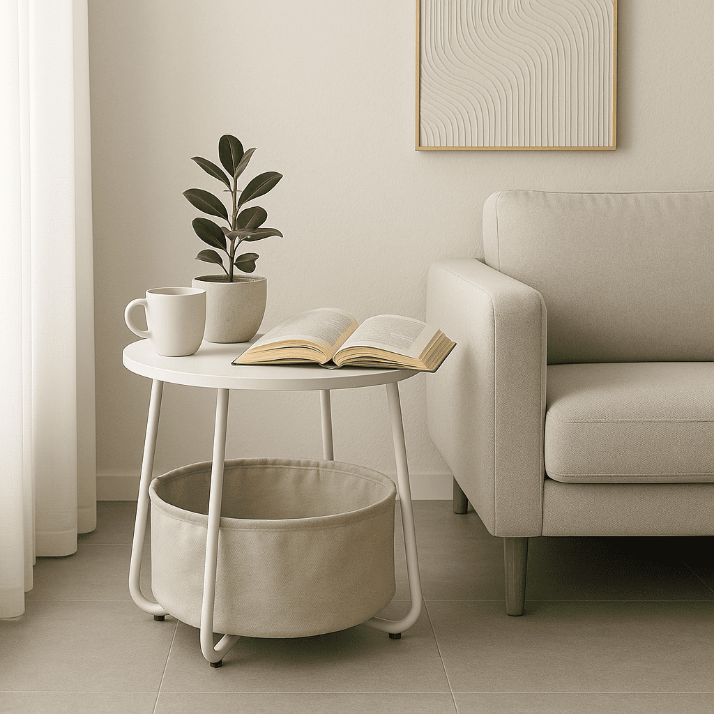 Homy Casa Round End Table with Storage Basket, Accent Table for Reading Nook, White
