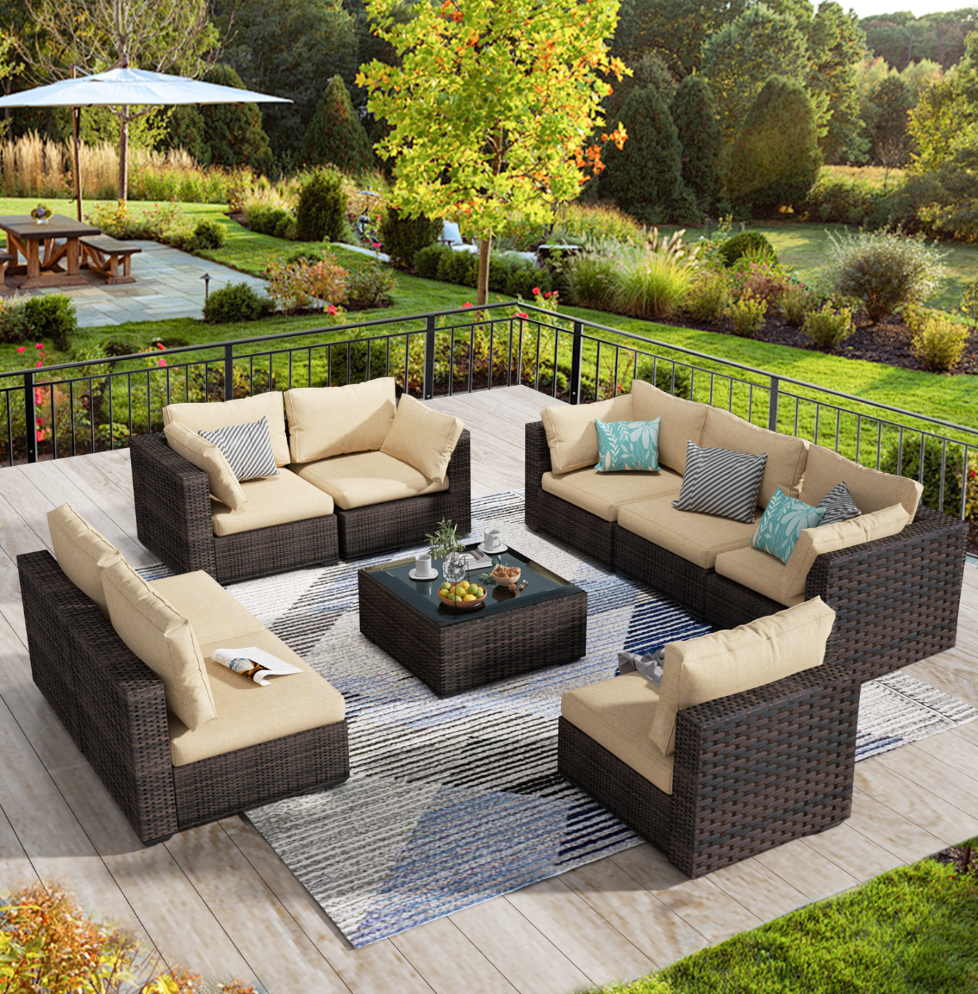 Grezone 9 Pieces Outdoor Patio Furniture, PE Wicker Rattan Sectional Sofa Patio Conversation Sets